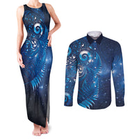 Aotearoa New Zealand New Year Couples Matching Tank Maxi Dress and Long Sleeve Button Shirt Tribal Koru Tattoo Blue Galaxy Maori Silver Fern
