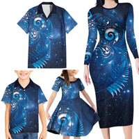 Aotearoa New Zealand New Year Family Matching Long Sleeve Bodycon Dress and Hawaiian Shirt Tribal Koru Tattoo Blue Galaxy Maori Silver Fern