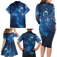 Aotearoa New Zealand New Year Family Matching Long Sleeve Bodycon Dress and Hawaiian Shirt Tribal Koru Tattoo Blue Galaxy Maori Silver Fern