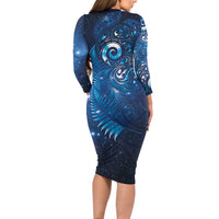 Aotearoa New Zealand New Year Family Matching Long Sleeve Bodycon Dress and Hawaiian Shirt Tribal Koru Tattoo Blue Galaxy Maori Silver Fern