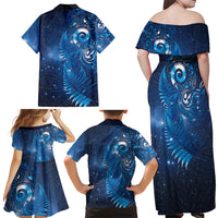 Aotearoa New Zealand New Year Family Matching Off Shoulder Maxi Dress and Hawaiian Shirt Tribal Koru Tattoo Blue Galaxy Maori Silver Fern