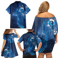 Aotearoa New Zealand New Year Family Matching Off Shoulder Short Dress and Hawaiian Shirt Tribal Koru Tattoo Blue Galaxy Maori Silver Fern