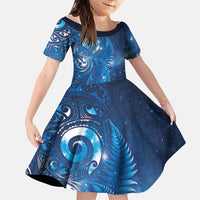 Aotearoa New Zealand New Year Family Matching Tank Maxi Dress and Hawaiian Shirt Tribal Koru Tattoo Blue Galaxy Maori Silver Fern LT03 Daughter's Dress Blue - Polynesian Pride