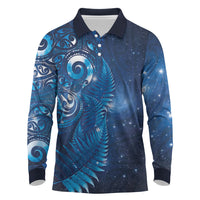 Aotearoa New Zealand New Year Long Sleeve Polo Shirt Tribal Koru Tattoo Blue Galaxy Maori Silver Fern