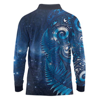 Aotearoa New Zealand New Year Long Sleeve Polo Shirt Tribal Koru Tattoo Blue Galaxy Maori Silver Fern