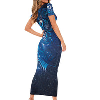 Aotearoa New Zealand New Year Short Sleeve Bodycon Dress Tribal Koru Tattoo Blue Galaxy Maori Silver Fern
