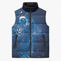 Aotearoa New Zealand New Year Sleeveless Puffer Jacket Tribal Koru Tattoo Blue Galaxy Maori Silver Fern