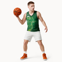 Aotearoa New Zealand New Year Basketball Jersey Tribal Koru Tattoo Green Galaxy Maori Silver Fern