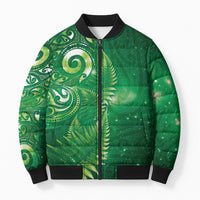 Aotearoa New Zealand New Year Bomber Puffer Jacket Tribal Koru Tattoo Green Galaxy Maori Silver Fern