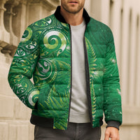 Aotearoa New Zealand New Year Bomber Puffer Jacket Tribal Koru Tattoo Green Galaxy Maori Silver Fern
