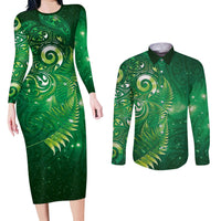 Aotearoa New Zealand New Year Couples Matching Long Sleeve Bodycon Dress and Long Sleeve Button Shirt Tribal Koru Tattoo Green Galaxy Maori Silver Fern