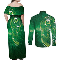 Aotearoa New Zealand New Year Couples Matching Off Shoulder Maxi Dress and Long Sleeve Button Shirt Tribal Koru Tattoo Green Galaxy Maori Silver Fern LT03 - Polynesian Pride