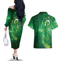 Aotearoa New Zealand New Year Couples Matching Off The Shoulder Long Sleeve Dress and Hawaiian Shirt Tribal Koru Tattoo Green Galaxy Maori Silver Fern LT03 - Polynesian Pride