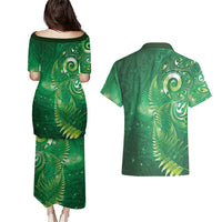 Aotearoa New Zealand New Year Couples Matching Puletasi and Hawaiian Shirt Tribal Koru Tattoo Green Galaxy Maori Silver Fern