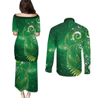Aotearoa New Zealand New Year Couples Matching Puletasi and Long Sleeve Button Shirt Tribal Koru Tattoo Green Galaxy Maori Silver Fern