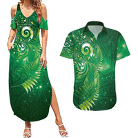 Aotearoa New Zealand New Year Couples Matching Summer Maxi Dress and Hawaiian Shirt Tribal Koru Tattoo Green Galaxy Maori Silver Fern