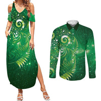 Aotearoa New Zealand New Year Couples Matching Summer Maxi Dress and Long Sleeve Button Shirt Tribal Koru Tattoo Green Galaxy Maori Silver Fern LT03 Green - Polynesian Pride