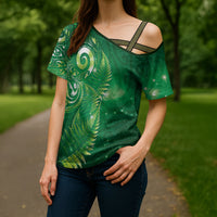 Aotearoa New Zealand New Year Cross Shoulder Shirt Tribal Koru Tattoo Green Galaxy Maori Silver Fern