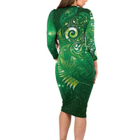Aotearoa New Zealand New Year Family Matching Long Sleeve Bodycon Dress and Hawaiian Shirt Tribal Koru Tattoo Green Galaxy Maori Silver Fern