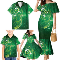 Aotearoa New Zealand New Year Family Matching Mermaid Dress and Hawaiian Shirt Tribal Koru Tattoo Green Galaxy Maori Silver Fern