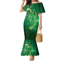 Aotearoa New Zealand New Year Family Matching Mermaid Dress and Hawaiian Shirt Tribal Koru Tattoo Green Galaxy Maori Silver Fern