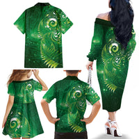 Aotearoa New Zealand New Year Family Matching Off The Shoulder Long Sleeve Dress and Hawaiian Shirt Tribal Koru Tattoo Green Galaxy Maori Silver Fern