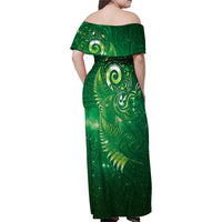 Aotearoa New Zealand New Year Family Matching Off Shoulder Maxi Dress and Hawaiian Shirt Tribal Koru Tattoo Green Galaxy Maori Silver Fern LT03 - Polynesian Pride