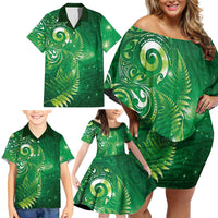 Aotearoa New Zealand New Year Family Matching Off Shoulder Short Dress and Hawaiian Shirt Tribal Koru Tattoo Green Galaxy Maori Silver Fern