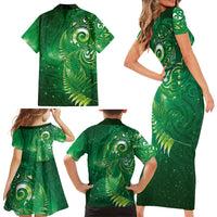 Aotearoa New Zealand New Year Family Matching Short Sleeve Bodycon Dress and Hawaiian Shirt Tribal Koru Tattoo Green Galaxy Maori Silver Fern