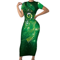 Aotearoa New Zealand New Year Family Matching Short Sleeve Bodycon Dress and Hawaiian Shirt Tribal Koru Tattoo Green Galaxy Maori Silver Fern