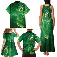 Aotearoa New Zealand New Year Family Matching Tank Maxi Dress and Hawaiian Shirt Tribal Koru Tattoo Green Galaxy Maori Silver Fern