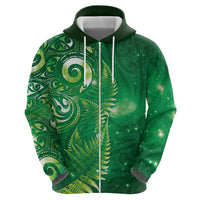 Aotearoa New Zealand New Year Hoodie Tribal Koru Tattoo Green Galaxy Maori Silver Fern