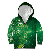 Aotearoa New Zealand New Year Kid Hoodie Tribal Koru Tattoo Green Galaxy Maori Silver Fern
