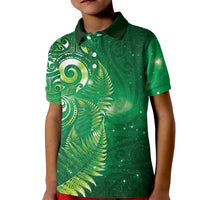 Aotearoa New Zealand New Year Kid Polo Shirt Tribal Koru Tattoo Green Galaxy Maori Silver Fern