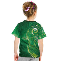 Aotearoa New Zealand New Year Kid T Shirt Tribal Koru Tattoo Green Galaxy Maori Silver Fern