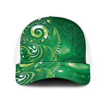 Aotearoa New Zealand New Year Mesh Trucker Cap Tribal Koru Tattoo Green Galaxy Maori Silver Fern