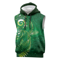 Aotearoa New Zealand New Year Sleeveless Hoodie Tribal Koru Tattoo Green Galaxy Maori Silver Fern
