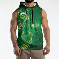Aotearoa New Zealand New Year Sleeveless Hoodie Tribal Koru Tattoo Green Galaxy Maori Silver Fern
