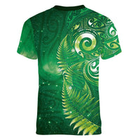 Aotearoa New Zealand New Year Women V-Neck T-Shirt Tribal Koru Tattoo Green Galaxy Maori Silver Fern