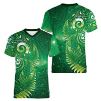 Aotearoa New Zealand New Year Women V-Neck T-Shirt Tribal Koru Tattoo Green Galaxy Maori Silver Fern