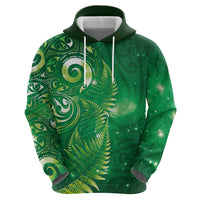 Aotearoa New Zealand New Year Zip Hoodie Tribal Koru Tattoo Green Galaxy Maori Silver Fern