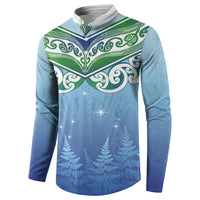 Aotearoa New Zealand New Year Button Sweatshirt Maori Motifs with Silver Fern and Matariki Stars