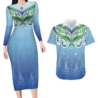 Aotearoa New Zealand New Year Couples Matching Long Sleeve Bodycon Dress and Hawaiian Shirt Maori Motifs with Silver Fern and Matariki Stars LT03 Multicolor - Polynesian Pride