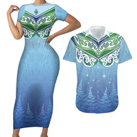 Aotearoa New Zealand New Year Couples Matching Short Sleeve Bodycon Dress and Hawaiian Shirt Maori Motifs with Silver Fern and Matariki Stars
