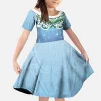 Aotearoa New Zealand New Year Family Matching Short Sleeve Bodycon Dress and Hawaiian Shirt Maori Motifs with Silver Fern and Matariki Stars LT03 Daughter's Dress Multicolor - Polynesian Pride