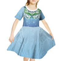Aotearoa New Zealand New Year Kid Short Sleeve Dress Maori Motifs with Silver Fern and Matariki Stars