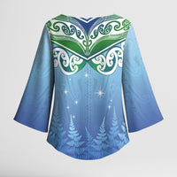 Aotearoa New Zealand New Year Kimono Sleeve Blouse Maori Motifs with Silver Fern and Matariki Stars