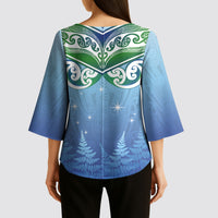 Aotearoa New Zealand New Year Kimono Sleeve Blouse Maori Motifs with Silver Fern and Matariki Stars