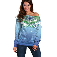 Aotearoa New Zealand New Year Off Shoulder Sweater Maori Motifs with Silver Fern and Matariki Stars