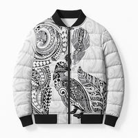 Aotearoa Moko Tribal Tattoo Bomber Puffer Jacket New Zealand Maori Penguin and Fantail White Color